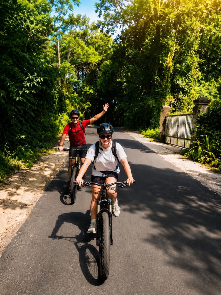 Couple riding e-bikes on a shaded jungle road in East Bali