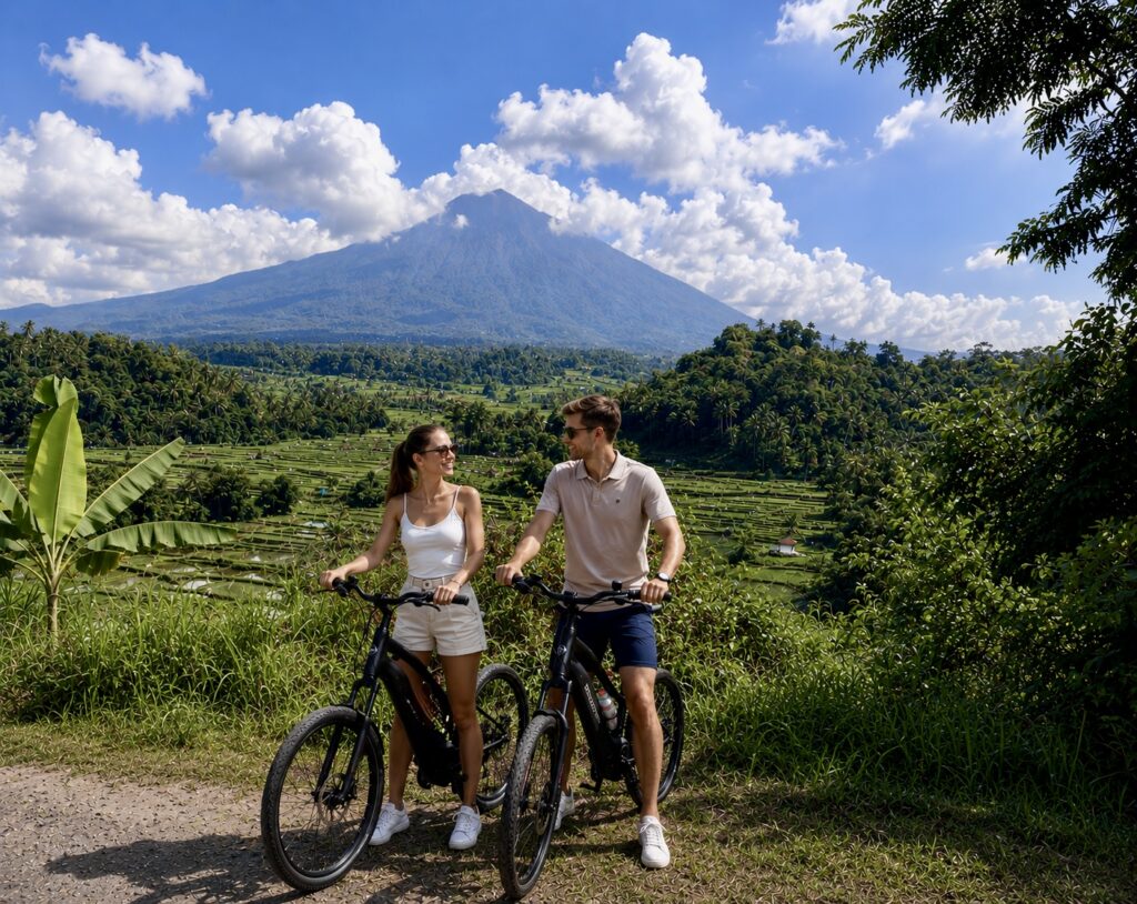 Couple with e-bikes overlooking rice terraces and Mount Agung