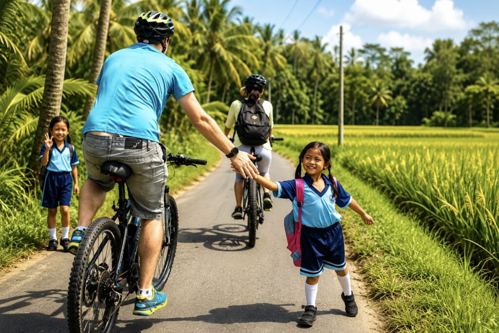 Cyclist high-fiving a local schoolgirl on a village road in East Bali