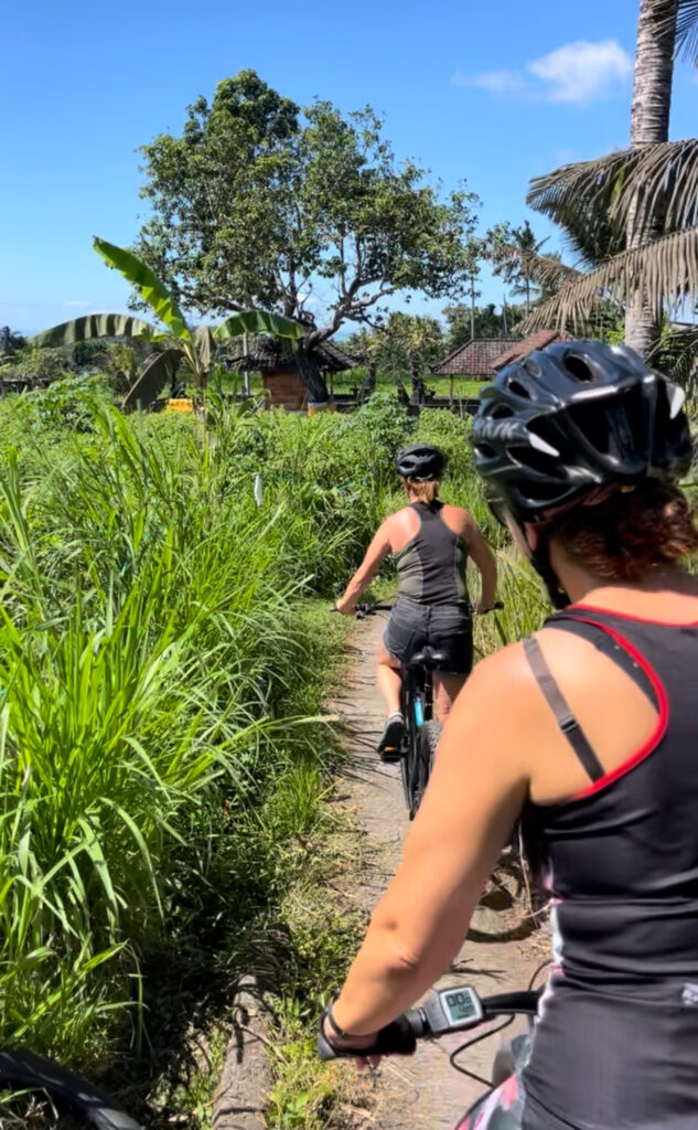 E-bike ride along a narrow rice field path in East Bali