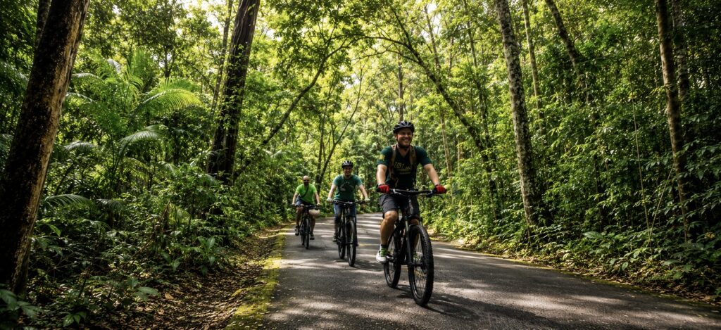 Three cyclists riding through a tropical forest road in Bali